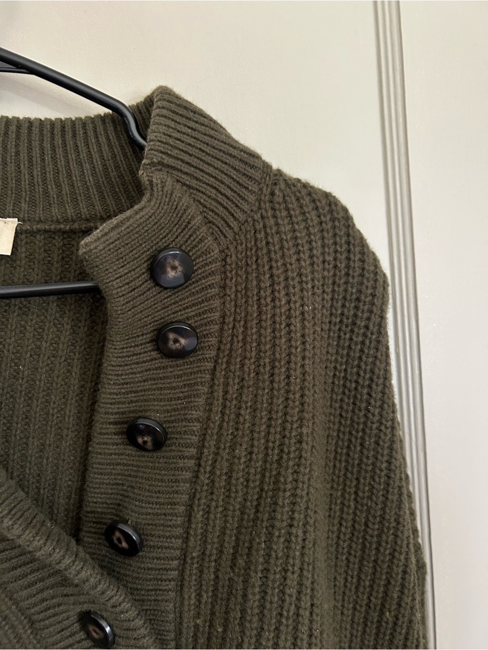Sezane Lucas Wool Olive Green Ribbed Button-Front Sweater - Picture 4 of 6